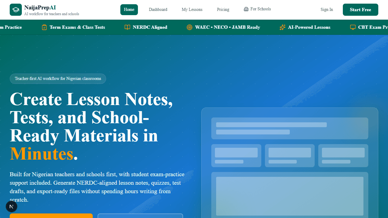 NaijaPrep AI homepage with school path in the navigation and hero area