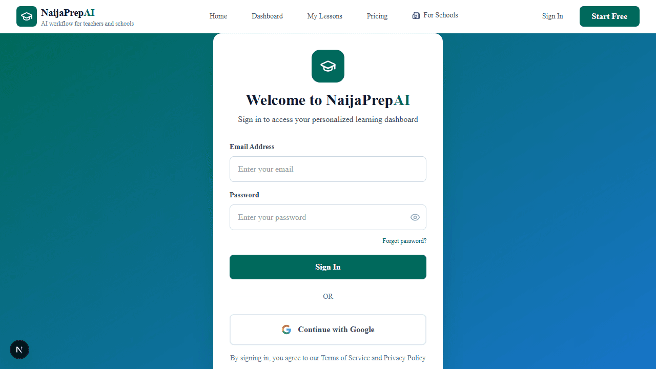 NaijaPrep AI sign-in page for school workspace access